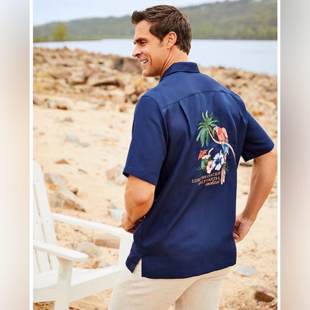 2 Caribbean Woven Shirts XL Polly Want A Cocktail Embroidered and Solid